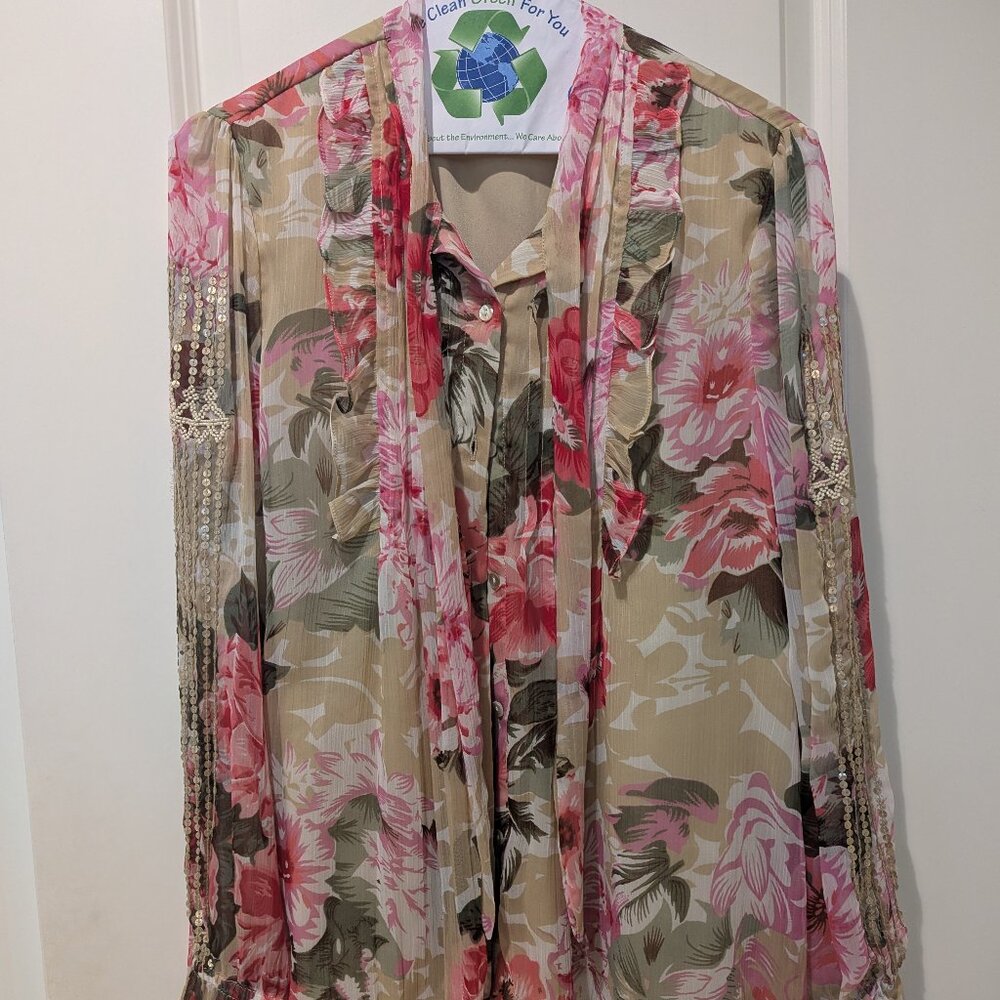 𝅺Anthropologie Ranna Gill Womens Top Medium Floral Bow Tie Sequined Blouse